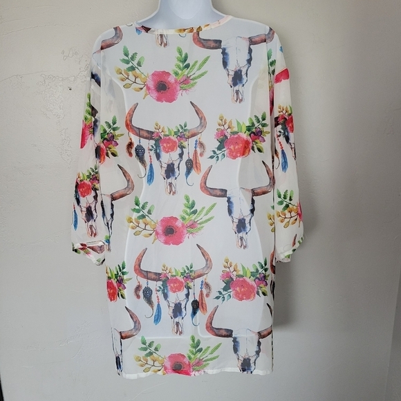 White Chiffon Kimono Oversized S/M Colorful Floral Boho Bull Skull Western Girly - Picture 5 of 7